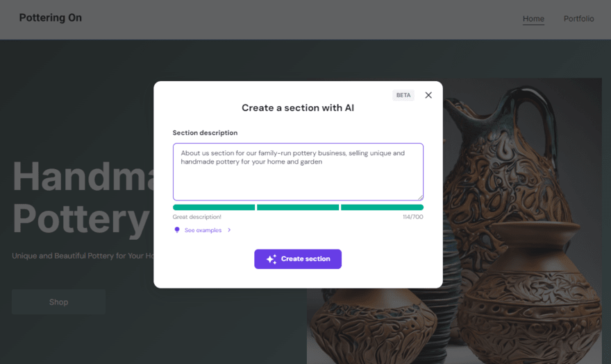 Hostinger's AI section creator being used for a pottery website
