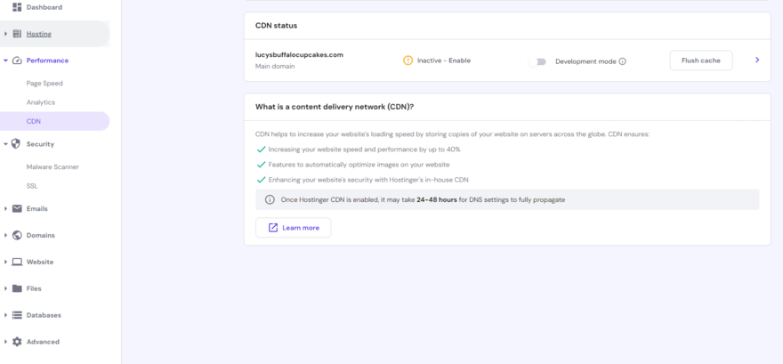 Hostinger's website CDN settings