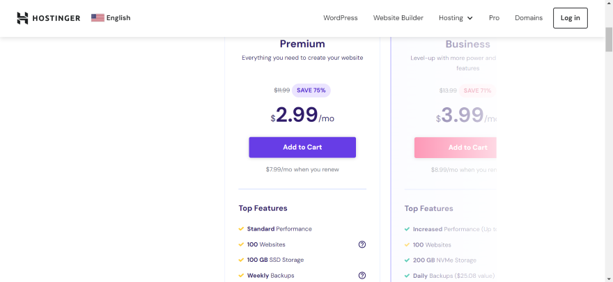 Two website builder plans with features for Hostinger's web builder package.