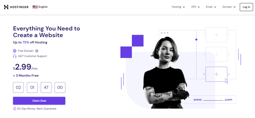 Hostinger's homepage featuring a deal on its hosting plan and a button to "claim deal". To the right is a graphic featuring a woman and website elements.