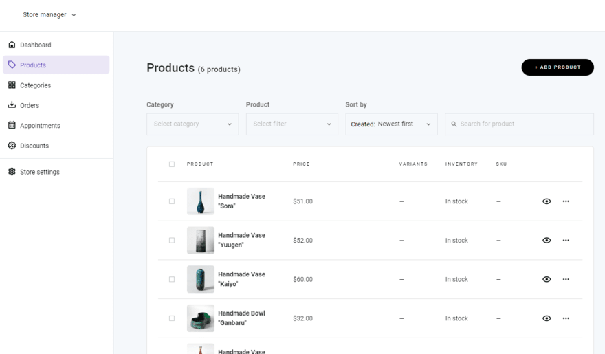 Hostinger's store manager dashboard showing a list of products and pricing