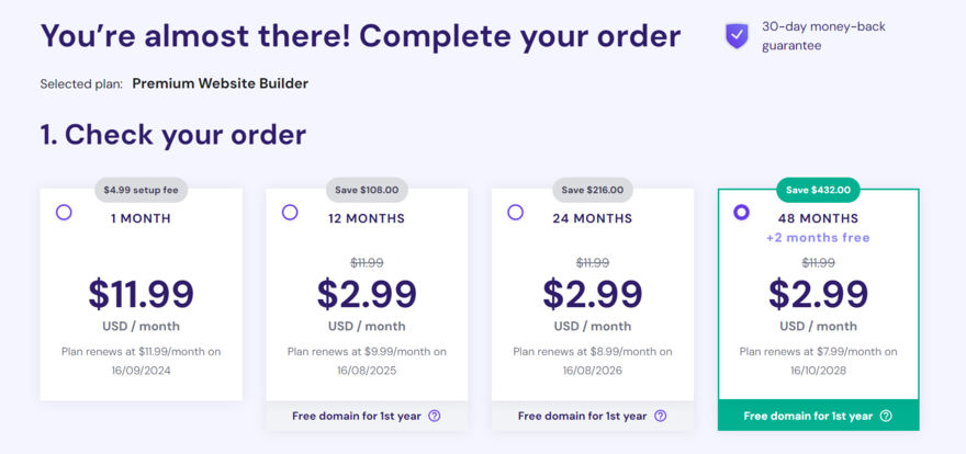 Hostinger pricing and subscription lengths for the Premium Website Builder plan