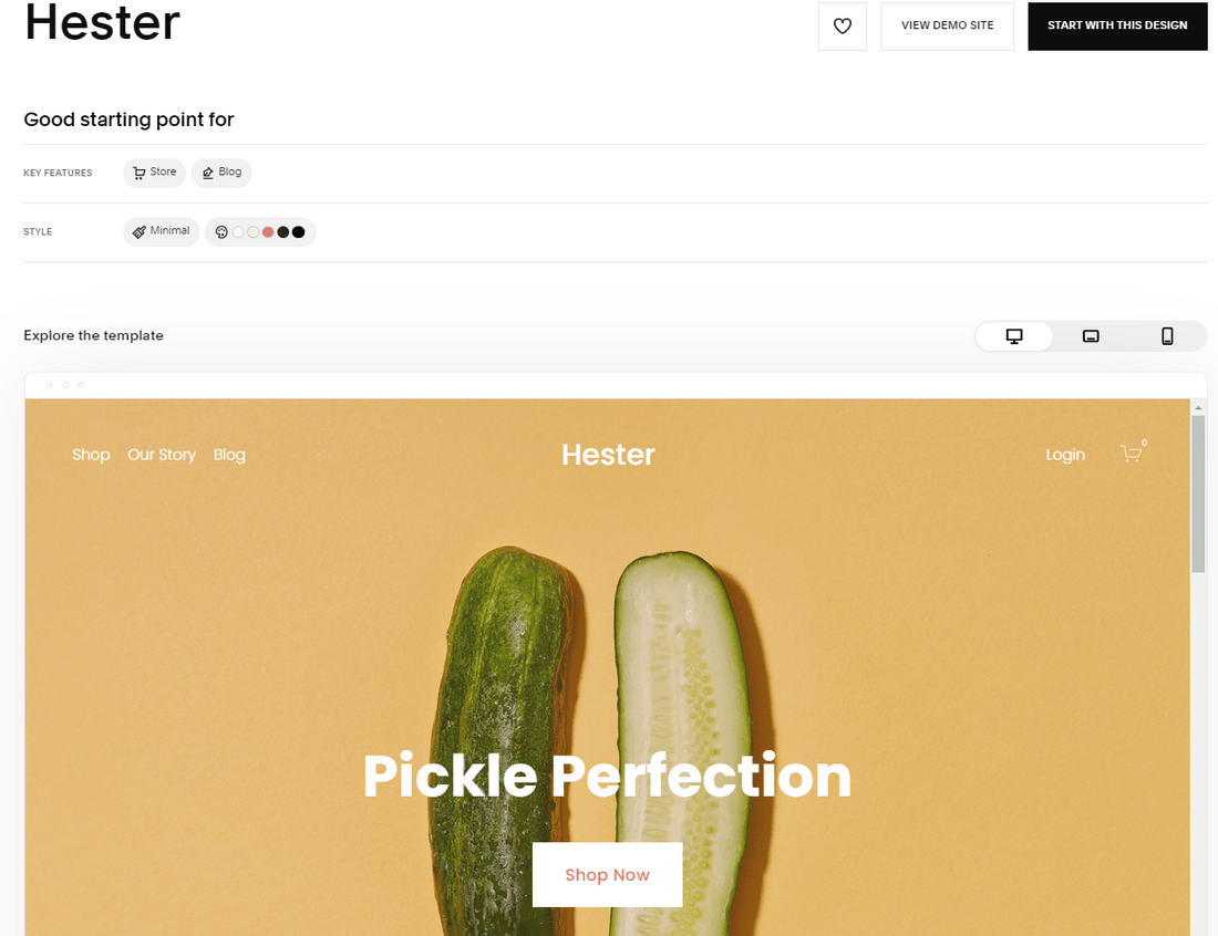 Screenshot of a previewed Squarespace template named Hester