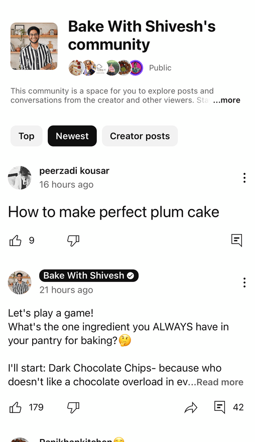 YouTube community page for bake with shivesh showing a comment that asks how to make the perfect plum cake