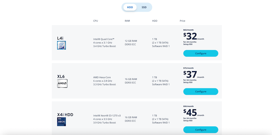 The IONOS dedicated server page, showing servers on the left with prices and blue CTA buttons on the right.