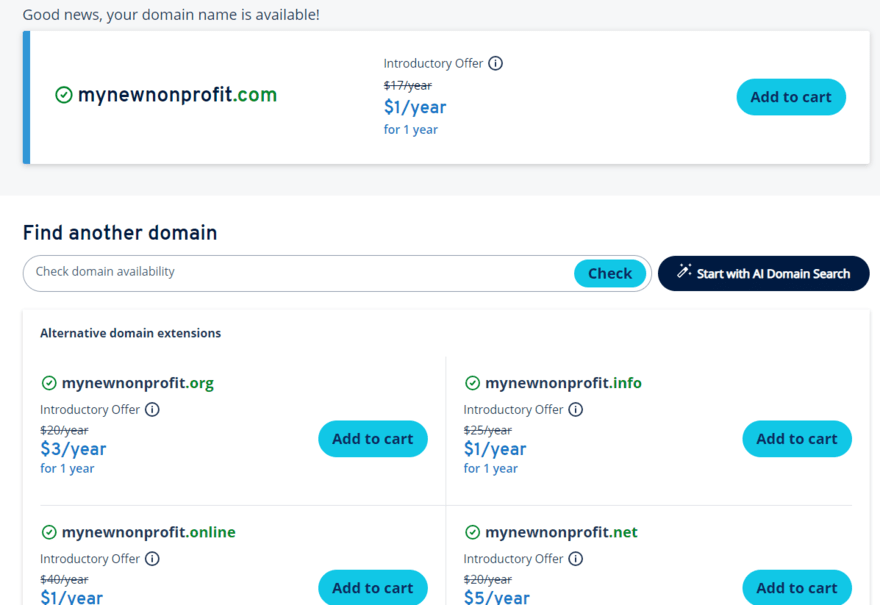 Domain search with pricing options on IONOS