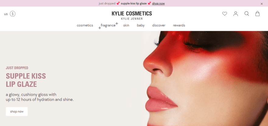 Kylie Cosmetics website featuring a banner image of Kylie Jenner to showcase the lip products