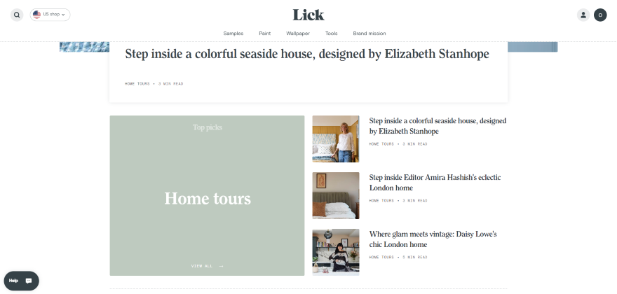 Screenshot of Lick Paint's blog page featuring articles on different home tours