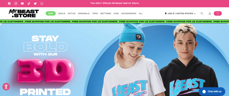 MrBeast website homepage showing apparel products