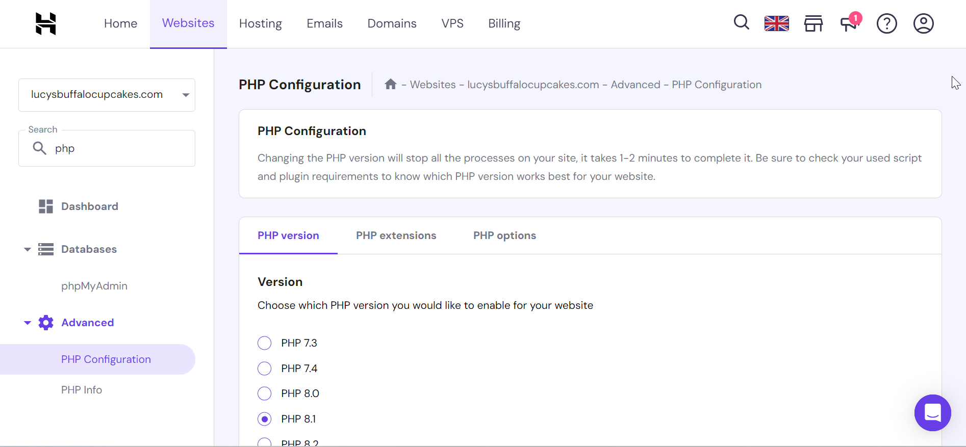 PHP configuration in Hostinger