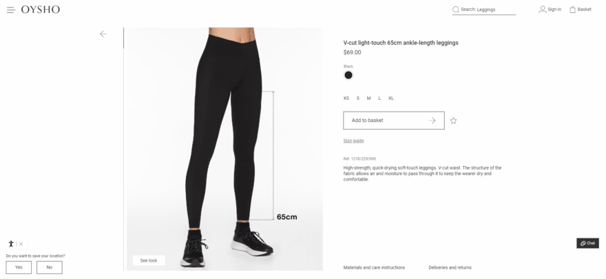 Product page for yoga leggings from yoga brand Oysho