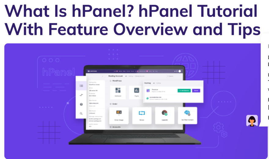 The image features a laptop displaying the hPanel management interface, with a title "What Is hPanel? hPanel Tutorial With Feature Overview and Tips".