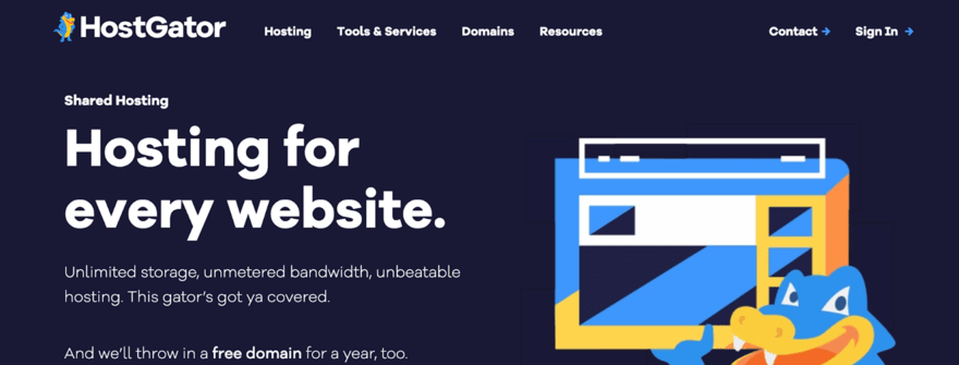 HostGator homepage banner featuring "Hosting for every website" with unlimited storage and bandwidth, and a cartoon alligator peeking from behind a browser window.