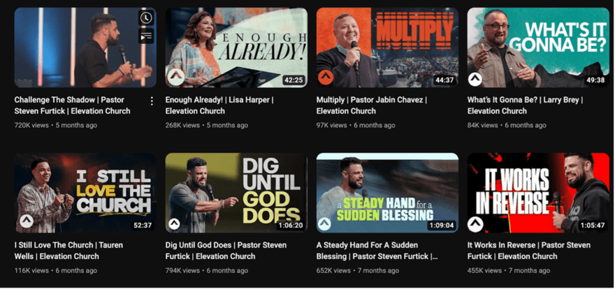 Collection of Elevation Church YouTube video thumbnails featuring sermons by Pastor Steven Furtick, Lisa Harper, Jabin Chavez, and Larry Brey with various inspirational titles.