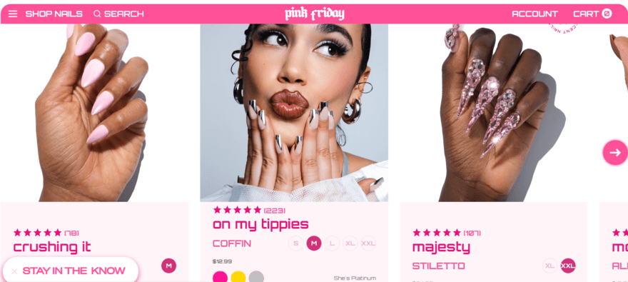 Pink Friday Nails website showing product imagery for press-on nail products