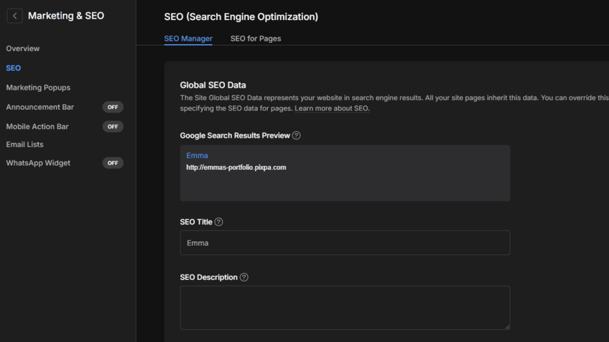 Pixpa's SEO website settings