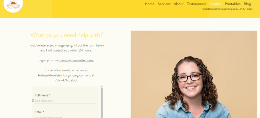 Contact page on Relevation Organizing website showing a newsletter sign up link and a contact form alongside a picture of the business owner Reba Bassett