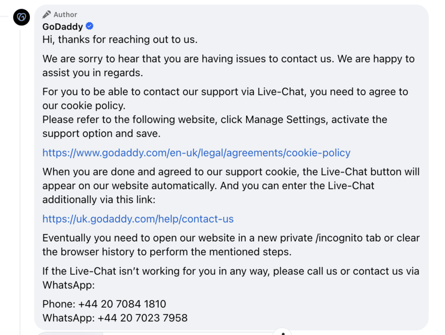 GoDaddy social media support response