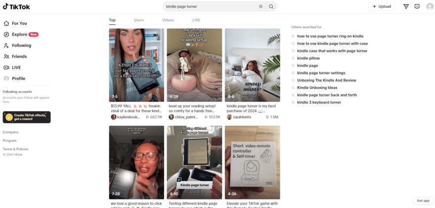 screenshot from TikTok after searching for Kindle page turner