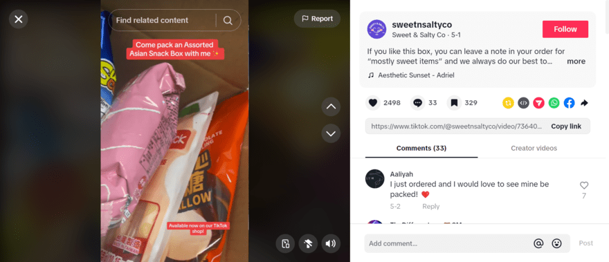 A TikTok shop seller packing an order on a video with interactive comments on the right