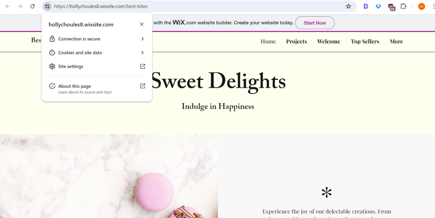 A secure website indicator with an HTTPS lock icon, ensuring safe browsing on "Sweet Delights" website.