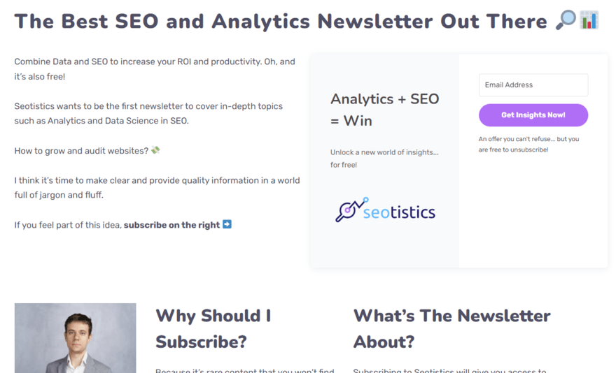 SEOtistics newsletter sign up page