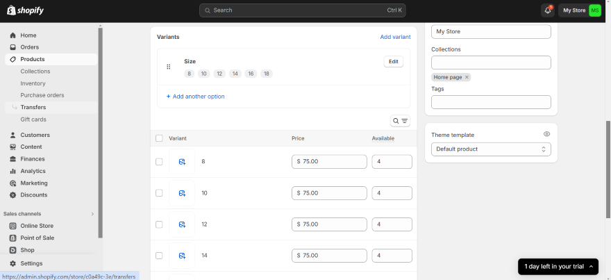 Shopify dashboard in action showing inventory management for variants, price, and quantity of each