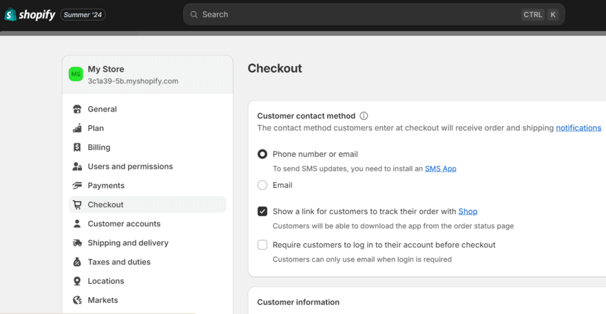 Shopify settings page to customize the checkout page