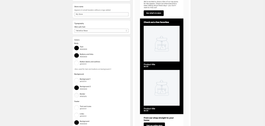 Screenshot of Shopify's email marketing tool and a basic campaign template.