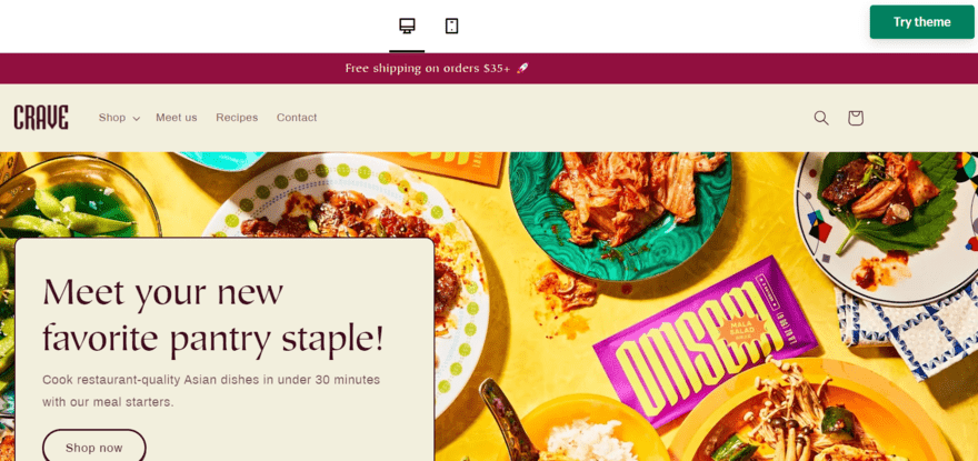 Shopify free template preview for a food business