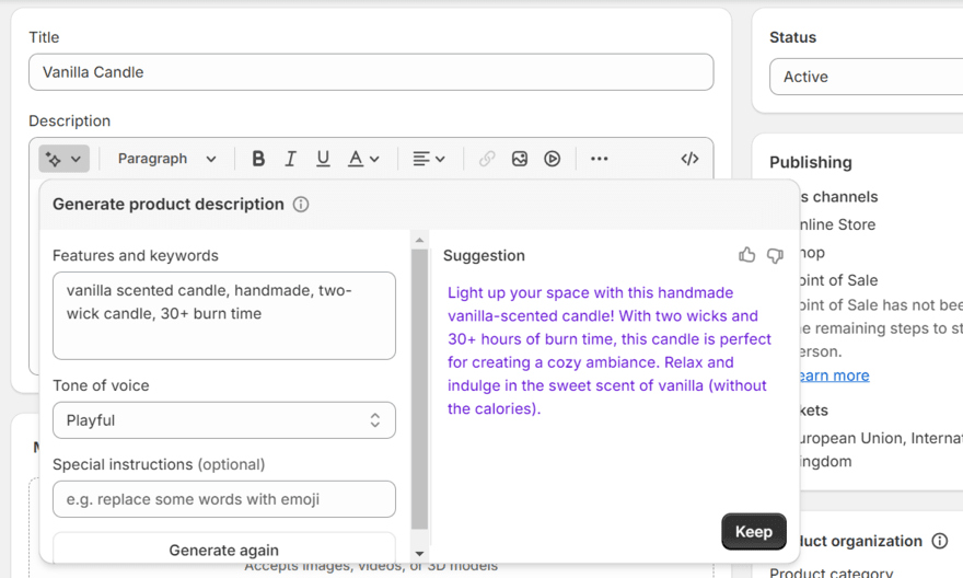 Shopify Magic generating a product description for a vanilla candle