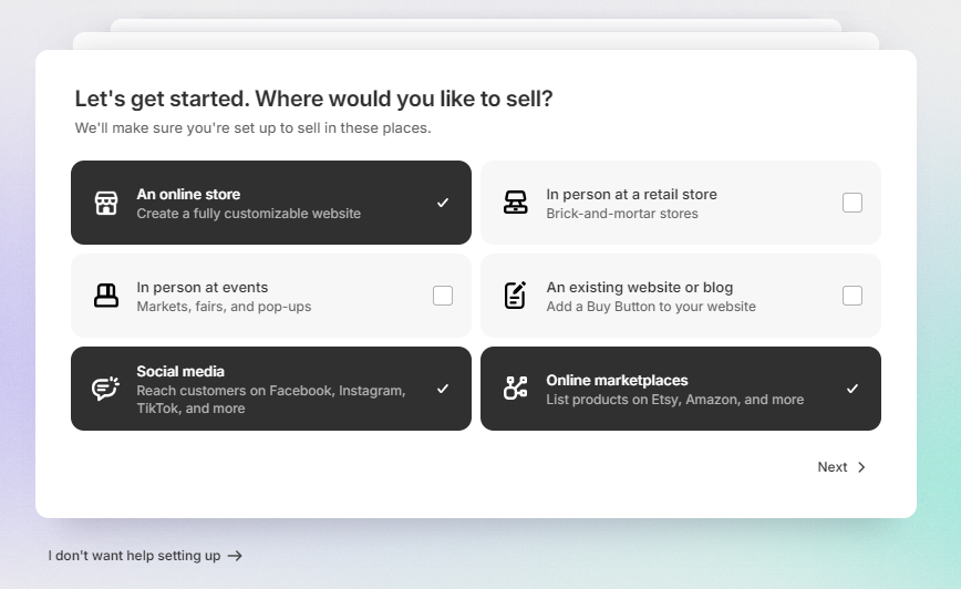 Shopify onboarding steps, asking the user where would you like to sell and displaying six different options