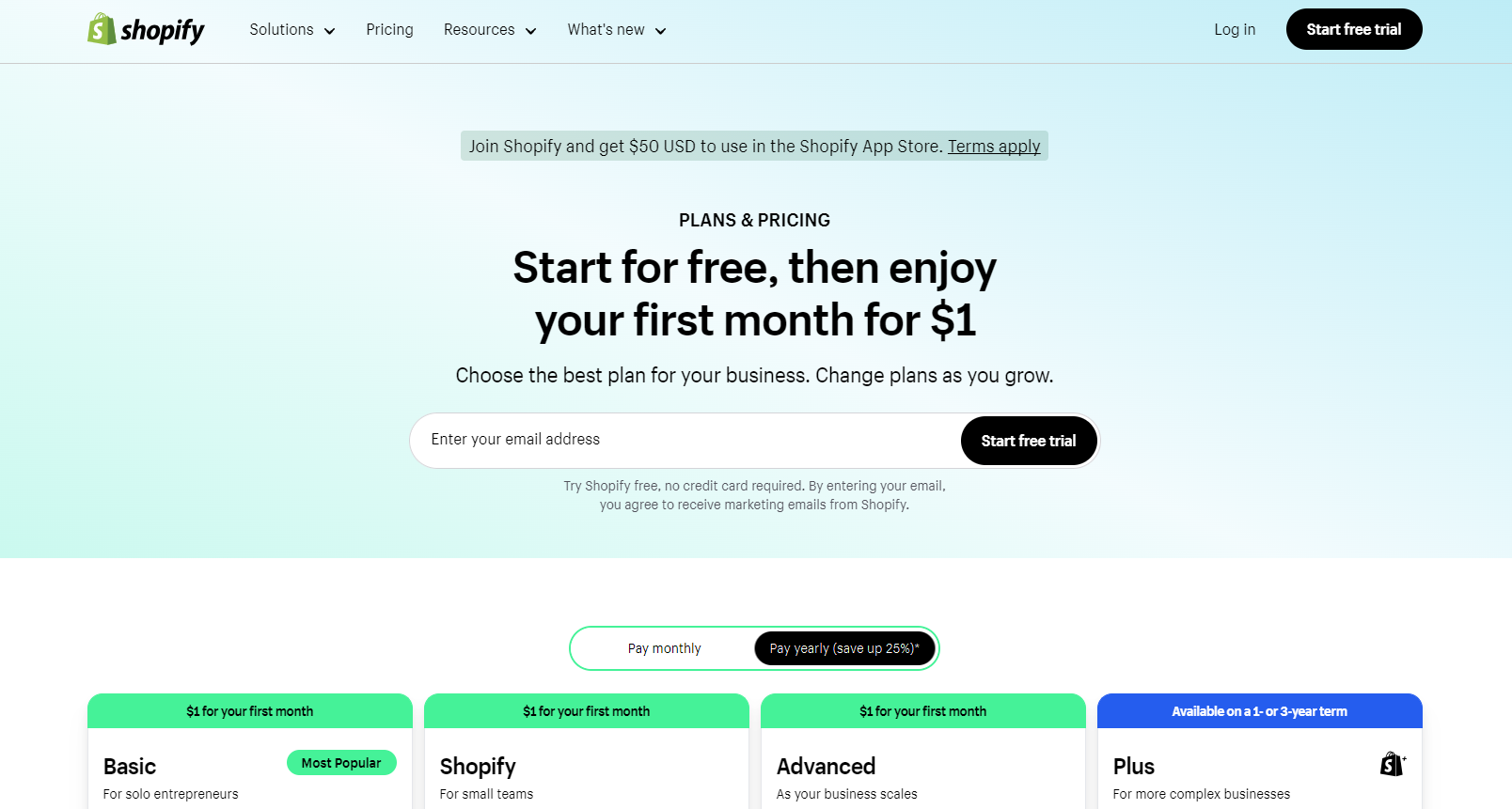 Shopify pricing page deal