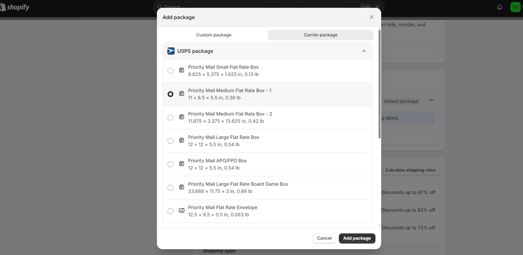 selecting packaging types for USPS shipping within shopify settings