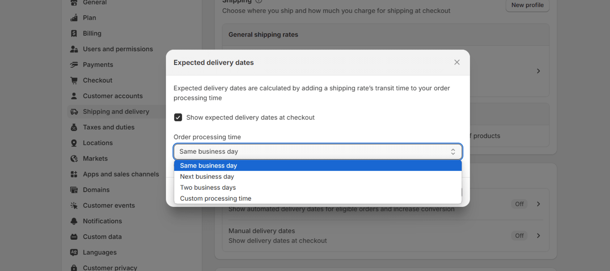 adding expected delivery dates in shopify shipping settings