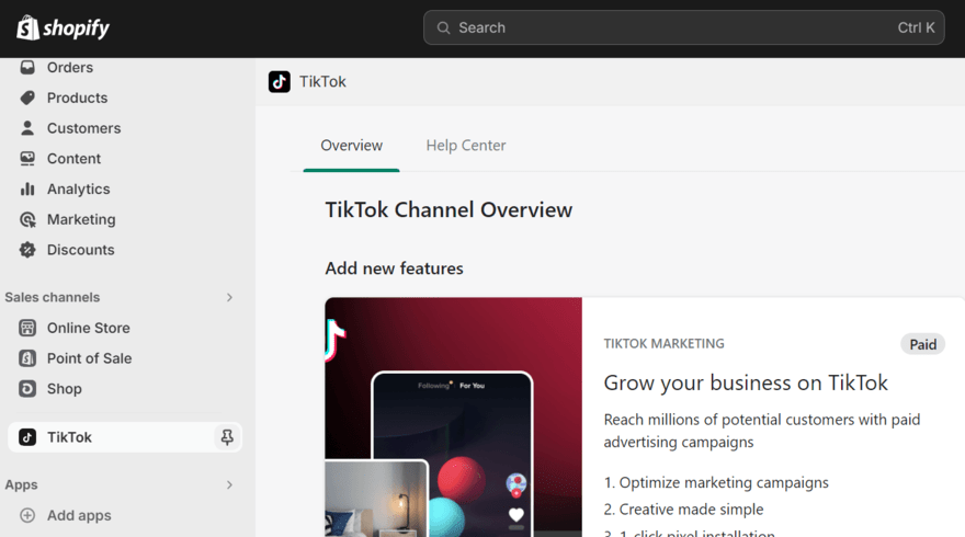 TikTok app integration in Shopify's dashboard