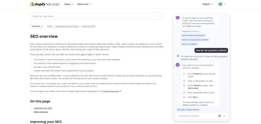 Screenshot of a conversation with Shopify's Virtual Help Assistant.