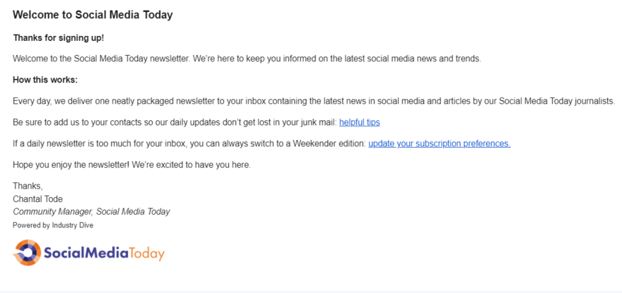 Social Media Today newsletter welcome email