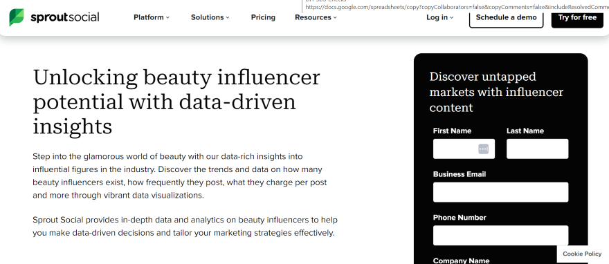 Screenshot of a Sprout Social page delving into their beauty influencers and a sign up form