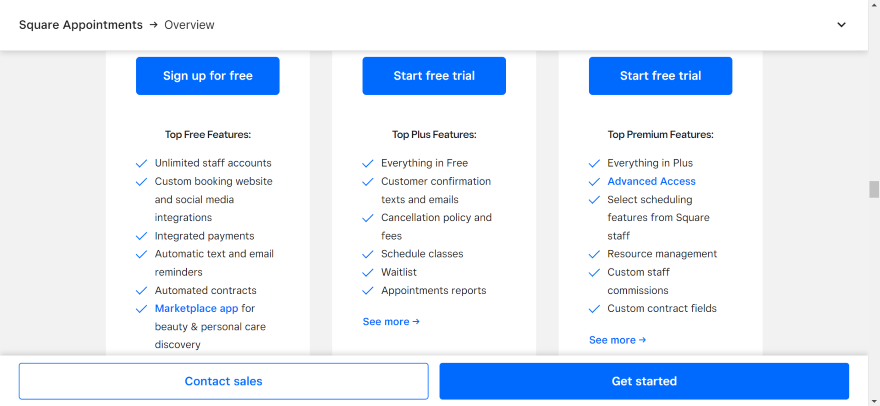 Screenshot of Square Online's three appointment plans and its features.