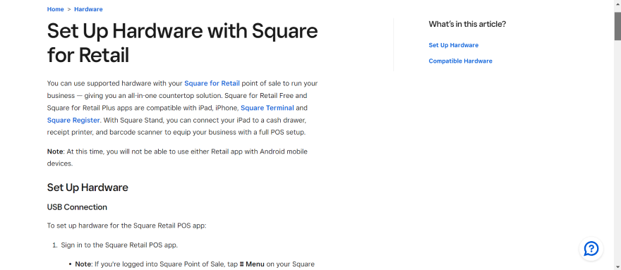 Screenshot of a Square Online help page covering how to set up POS.