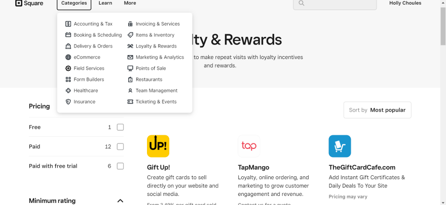 Screenshot of Square Online's app store showcasing loyalty and rewards apps.