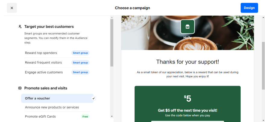 Screenshot of Square Online's email campaign editor.