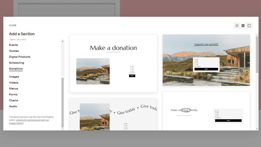 Squarespace library of sections, showing "donation" elements to choose from