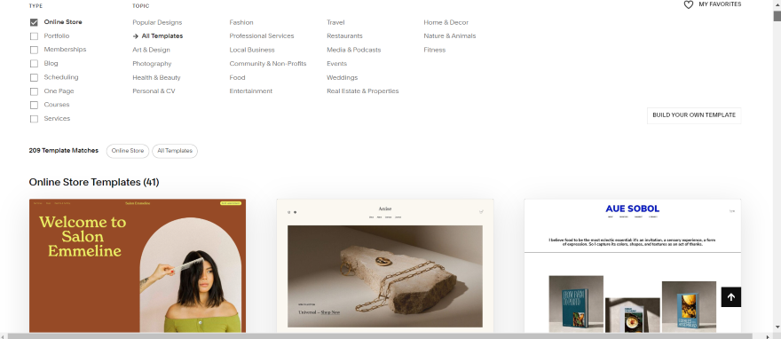 Screenshot of Squarespace's ecommerce template page.