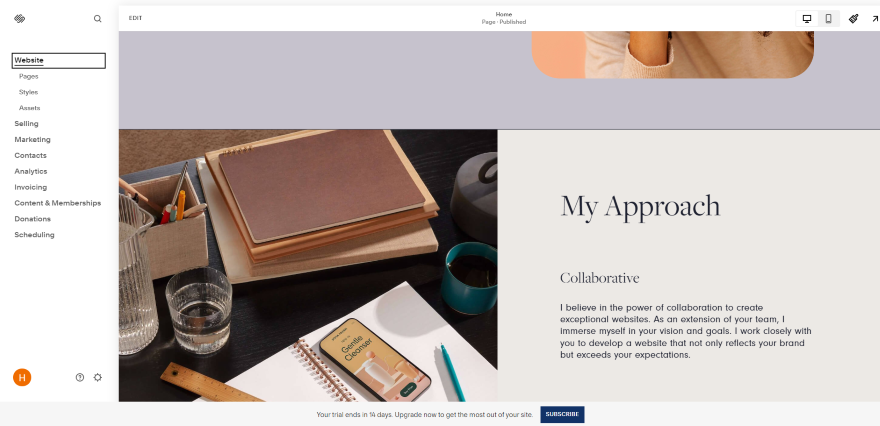 Screenshot of a Squarespace website in editor mode with a left sidebar listing different features