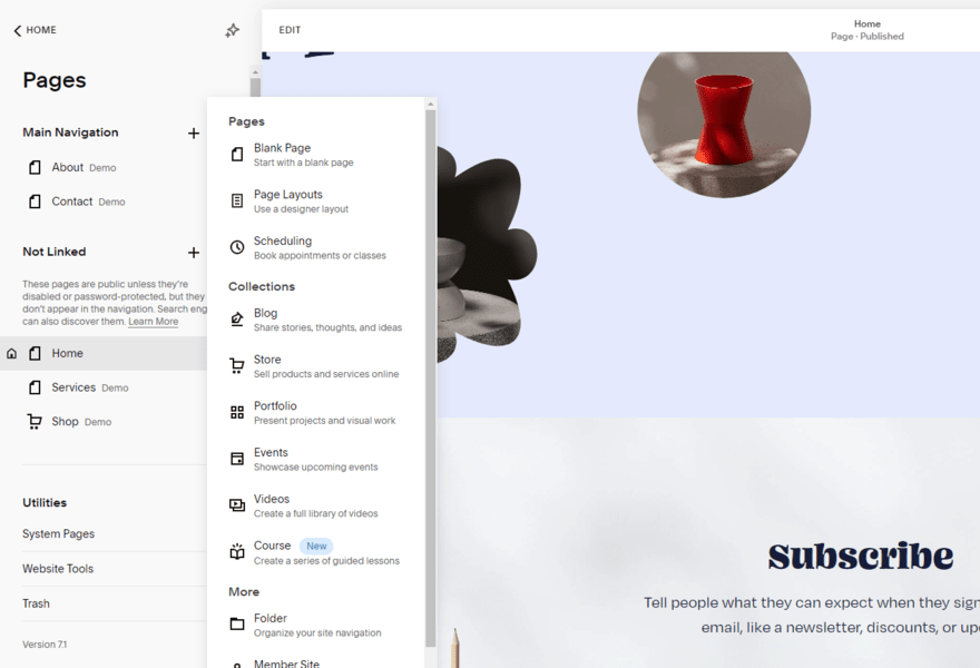 Pop up sidebar showing page options in Squarespace editor