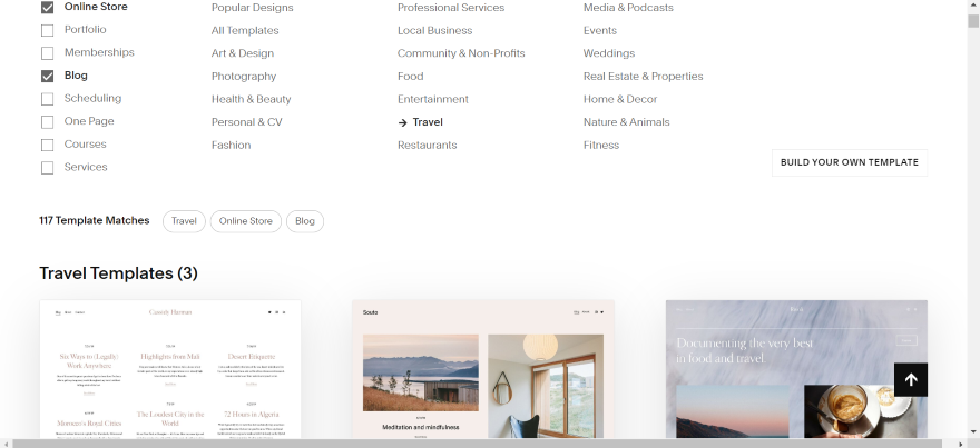 Squarespace template library showing filter settings online store, blog, and travel, with three suitable templates