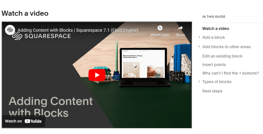 Video tutorial in Squarespace's help center