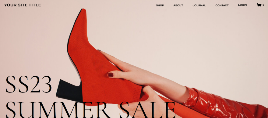 Screenshot of a Squarespace online store's homepage with a heading "SS23 Summer Sale" and a photo of red boots behind it